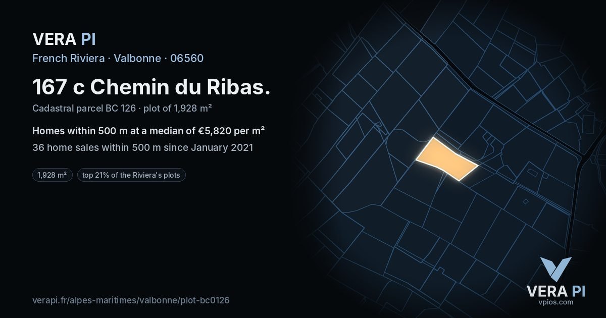 167 c Chemin du Ribas, Valbonne at night – the plot lit, the parcels around coloured by the prices near them