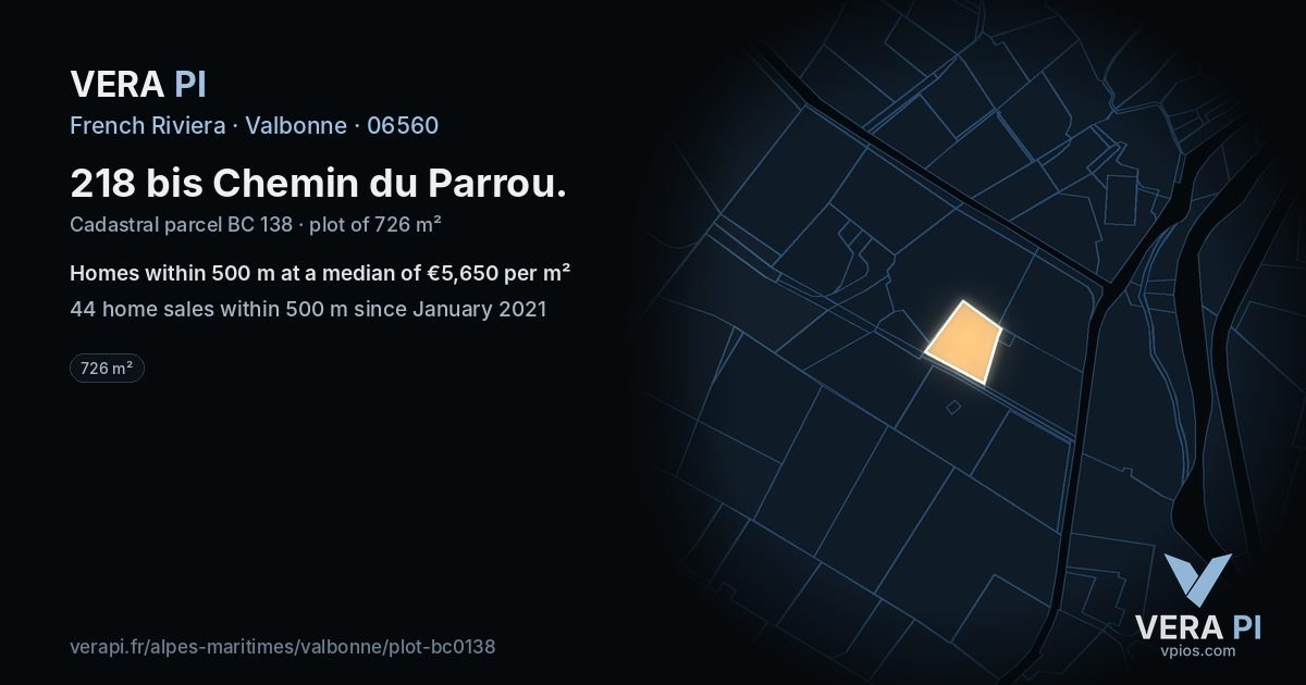 218 bis Chemin du Parrou, Valbonne at night – the plot lit, the parcels around coloured by the prices near them