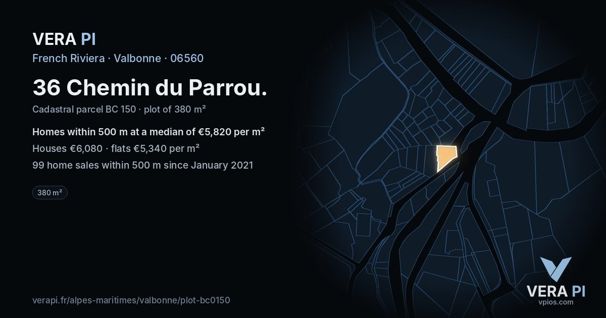 36 Chemin du Parrou, Valbonne at night – the plot lit, the parcels around coloured by the prices near them