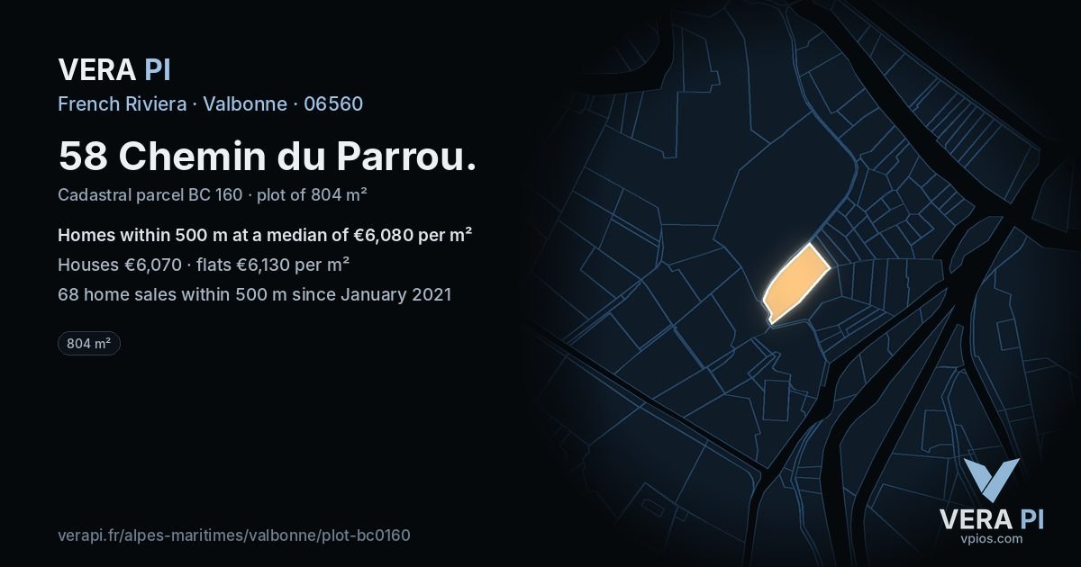 58 Chemin du Parrou, Valbonne at night – the plot lit, the parcels around coloured by the prices near them