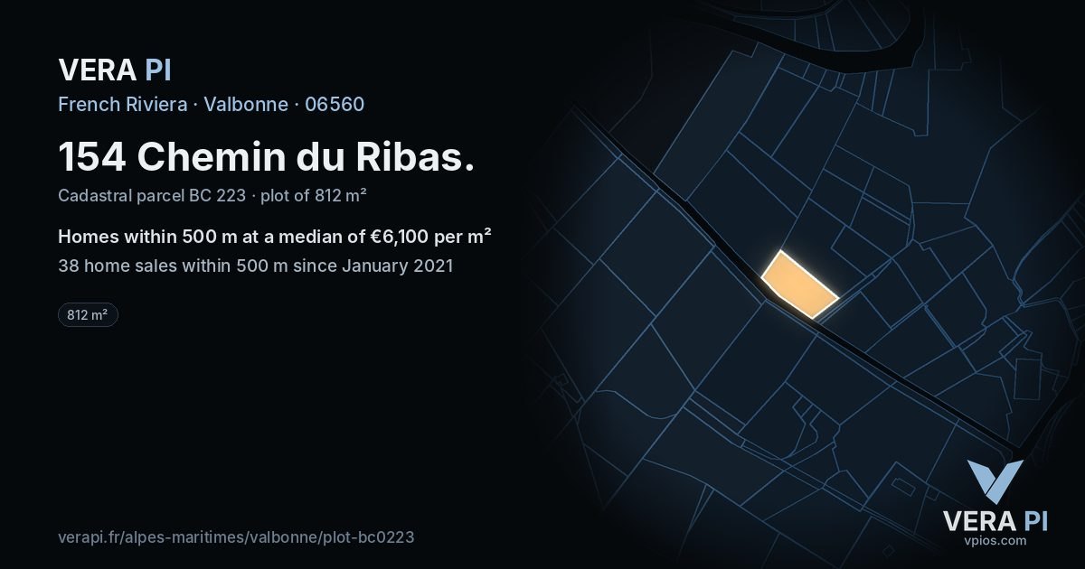 154 Chemin du Ribas, Valbonne at night – the plot lit, the parcels around coloured by the prices near them