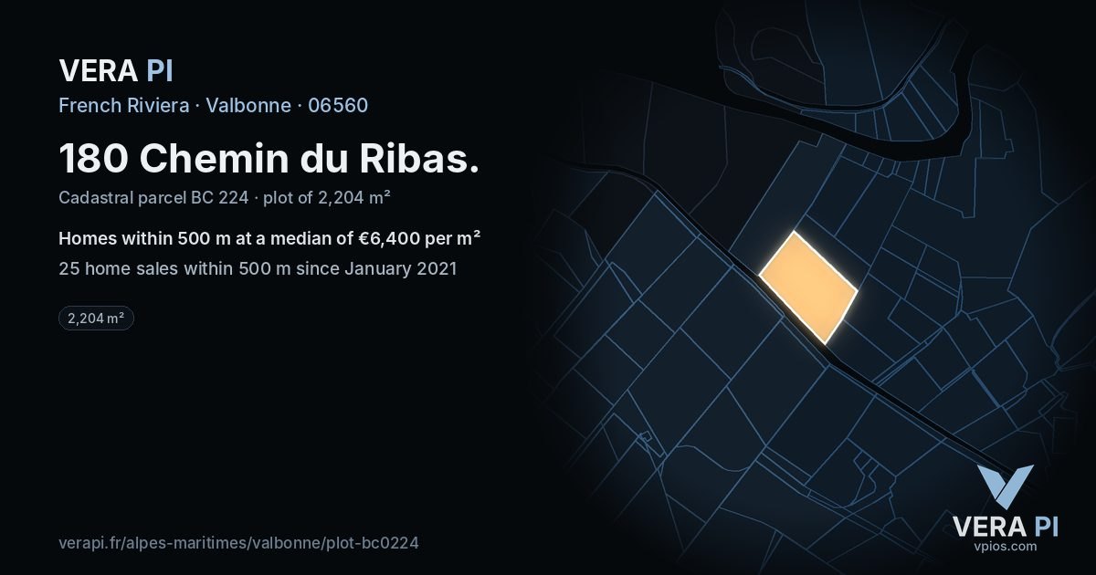 180 Chemin du Ribas, Valbonne at night – the plot lit, the parcels around coloured by the prices near them