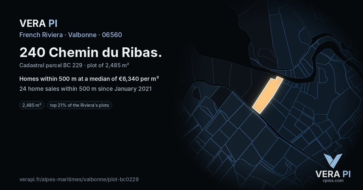 240 Chemin du Ribas, Valbonne at night – the plot lit, the parcels around coloured by the prices near them