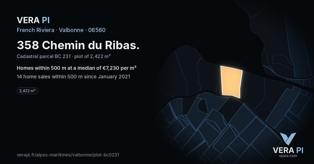 358 Chemin du Ribas, Valbonne at night – the plot lit, the parcels around coloured by the prices near them