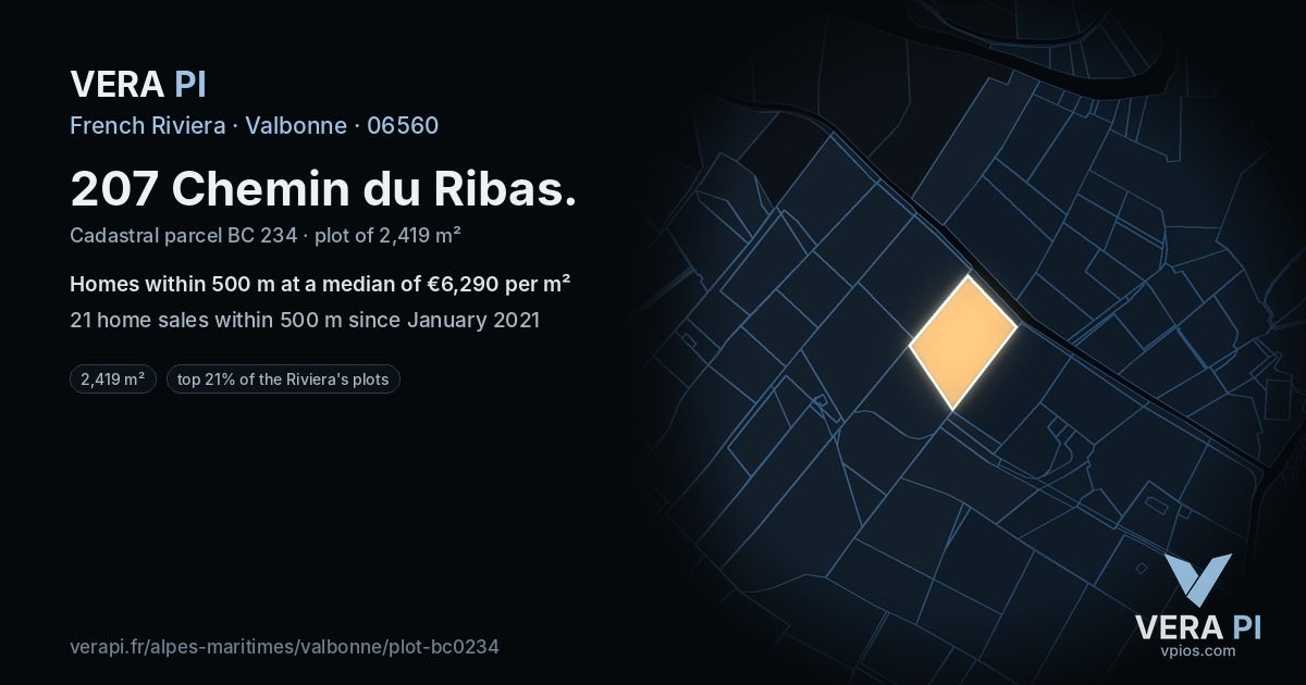 207 Chemin du Ribas, Valbonne at night – the plot lit, the parcels around coloured by the prices near them