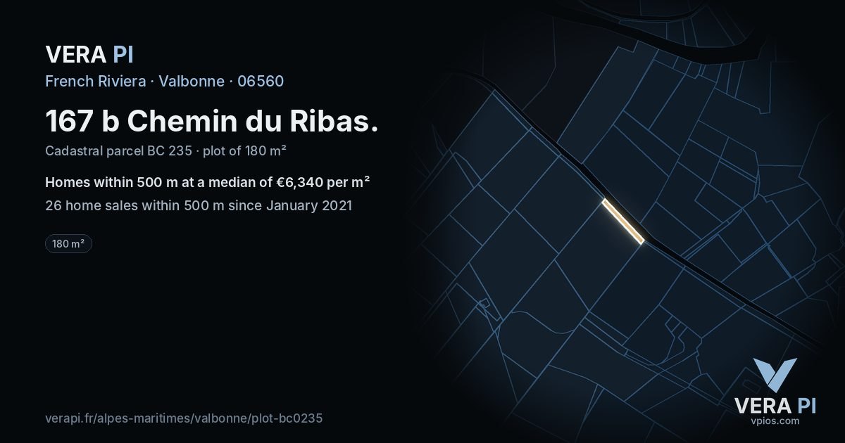 167 b Chemin du Ribas, Valbonne at night – the plot lit, the parcels around coloured by the prices near them