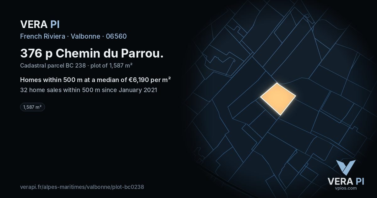 376 p Chemin du Parrou, Valbonne at night – the plot lit, the parcels around coloured by the prices near them