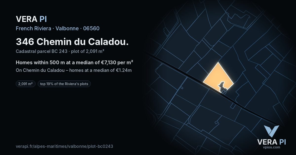 346 Chemin du Caladou, Valbonne at night – the plot lit, the parcels around coloured by the prices near them