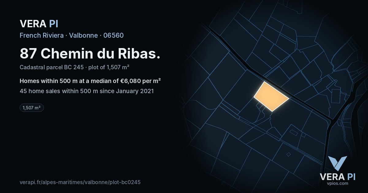87 Chemin du Ribas, Valbonne at night – the plot lit, the parcels around coloured by the prices near them