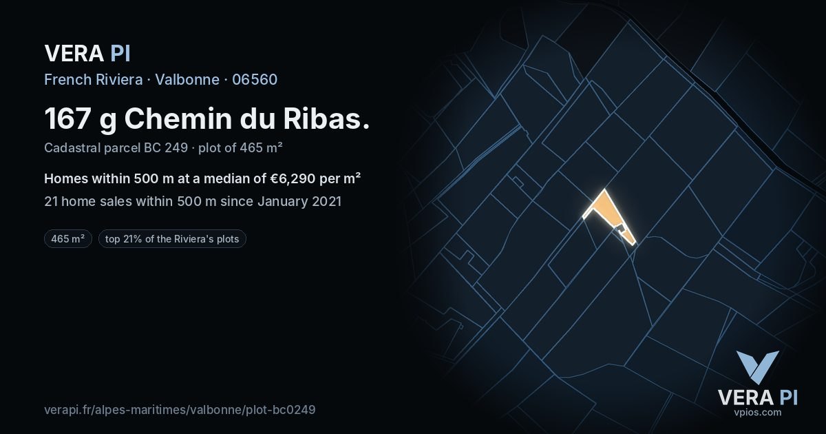 167 g Chemin du Ribas, Valbonne at night – the plot lit, the parcels around coloured by the prices near them