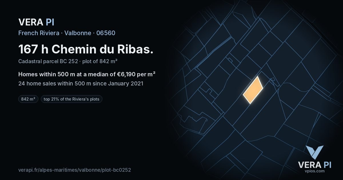 167 h Chemin du Ribas, Valbonne at night – the plot lit, the parcels around coloured by the prices near them