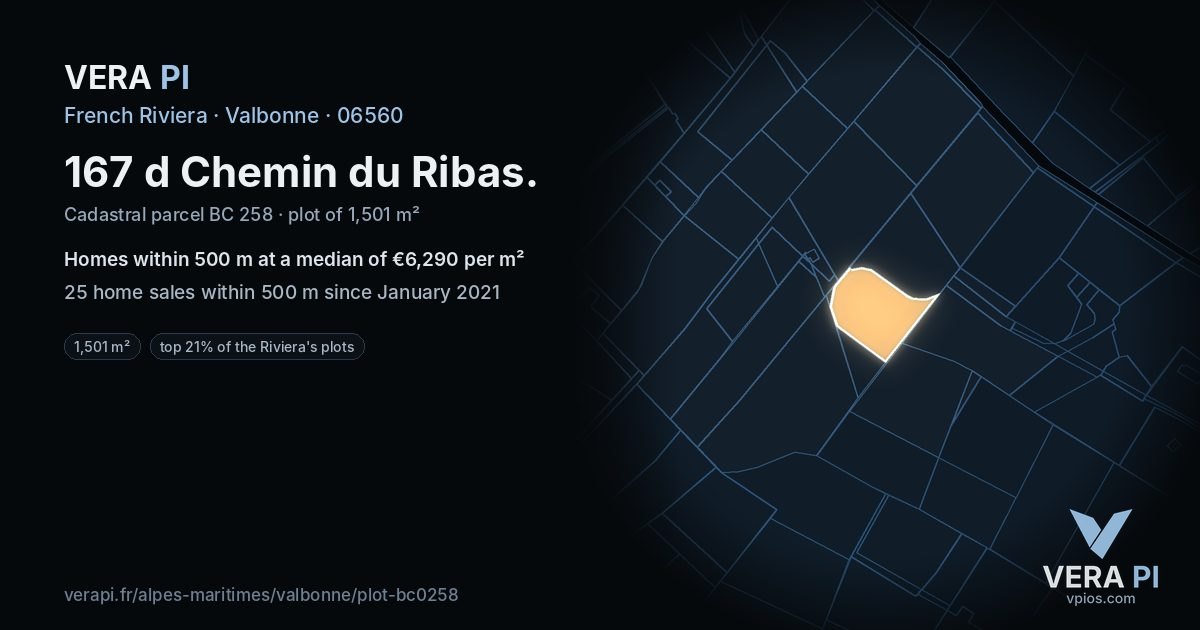 167 d Chemin du Ribas, Valbonne at night – the plot lit, the parcels around coloured by the prices near them