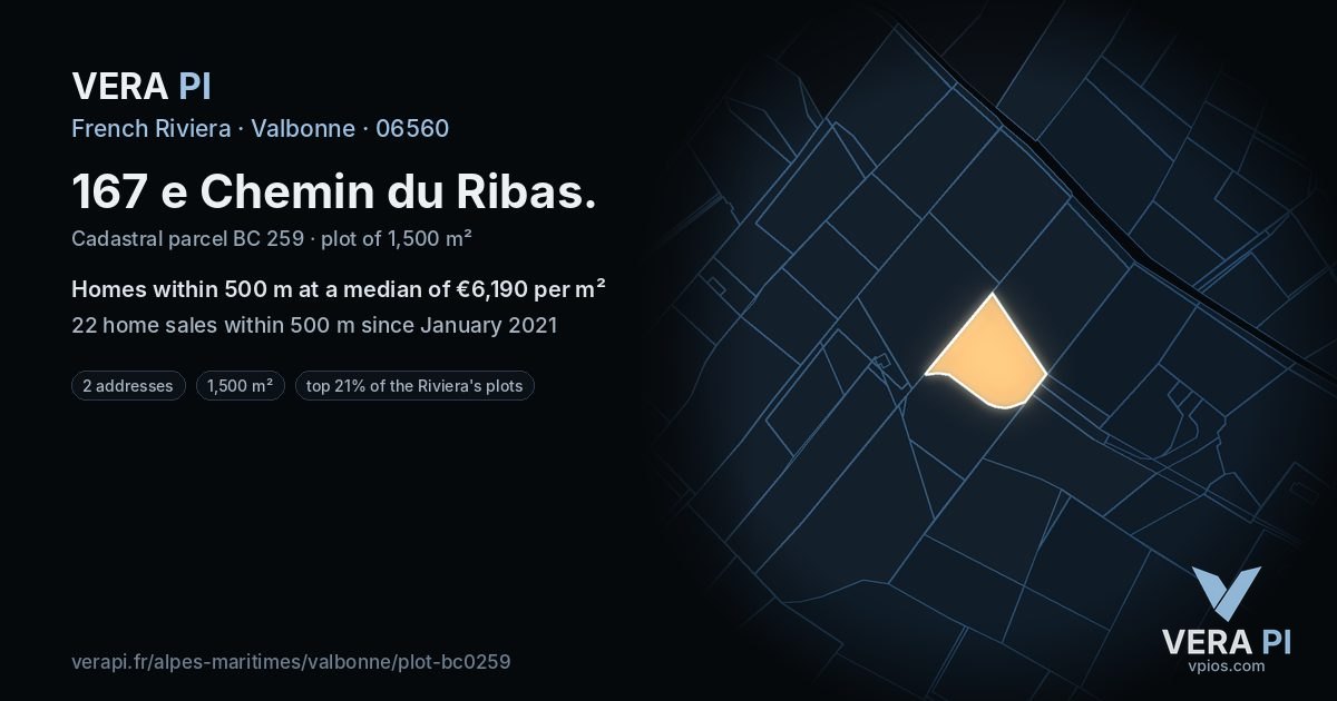 167 e Chemin du Ribas, Valbonne at night – the plot lit, the parcels around coloured by the prices near them