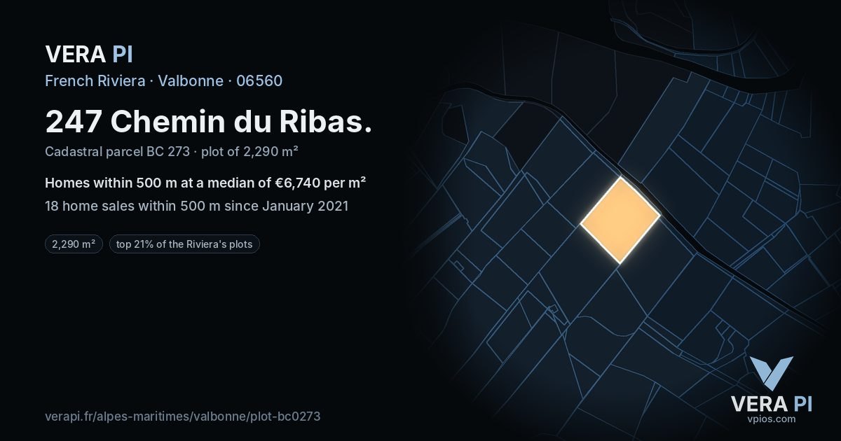 247 Chemin du Ribas, Valbonne at night – the plot lit, the parcels around coloured by the prices near them