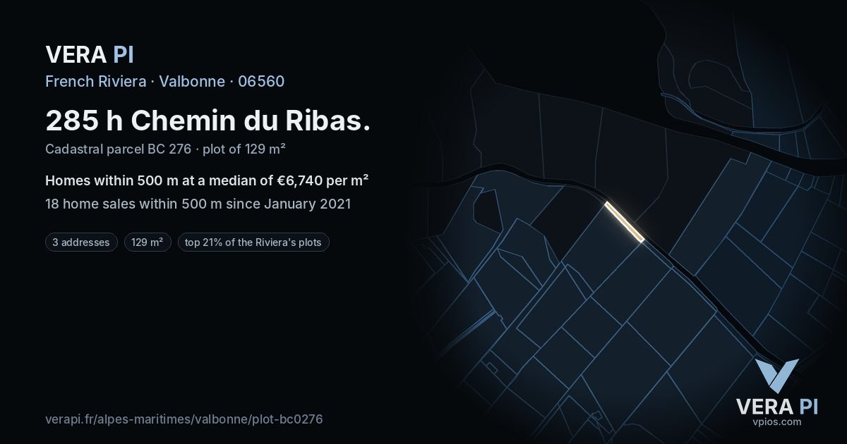 285 h Chemin du Ribas, Valbonne at night – the plot lit, the parcels around coloured by the prices near them