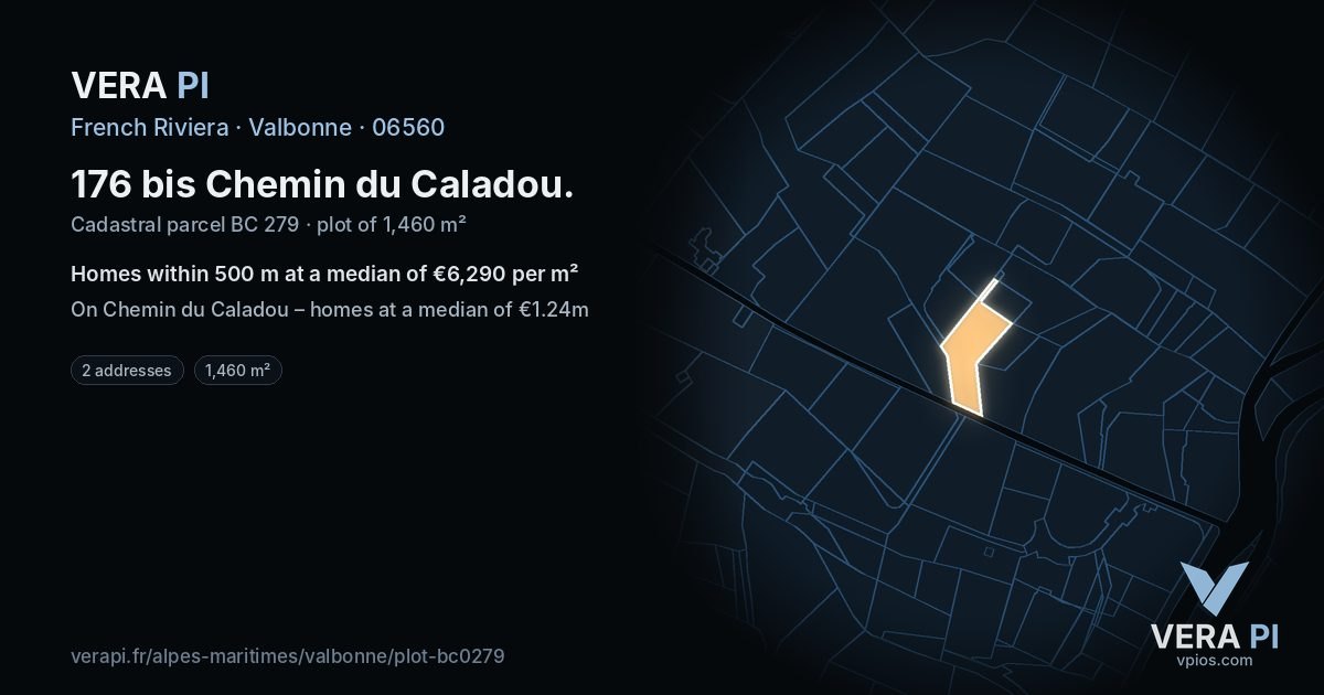 176 bis Chemin du Caladou, Valbonne at night – the plot lit, the parcels around coloured by the prices near them
