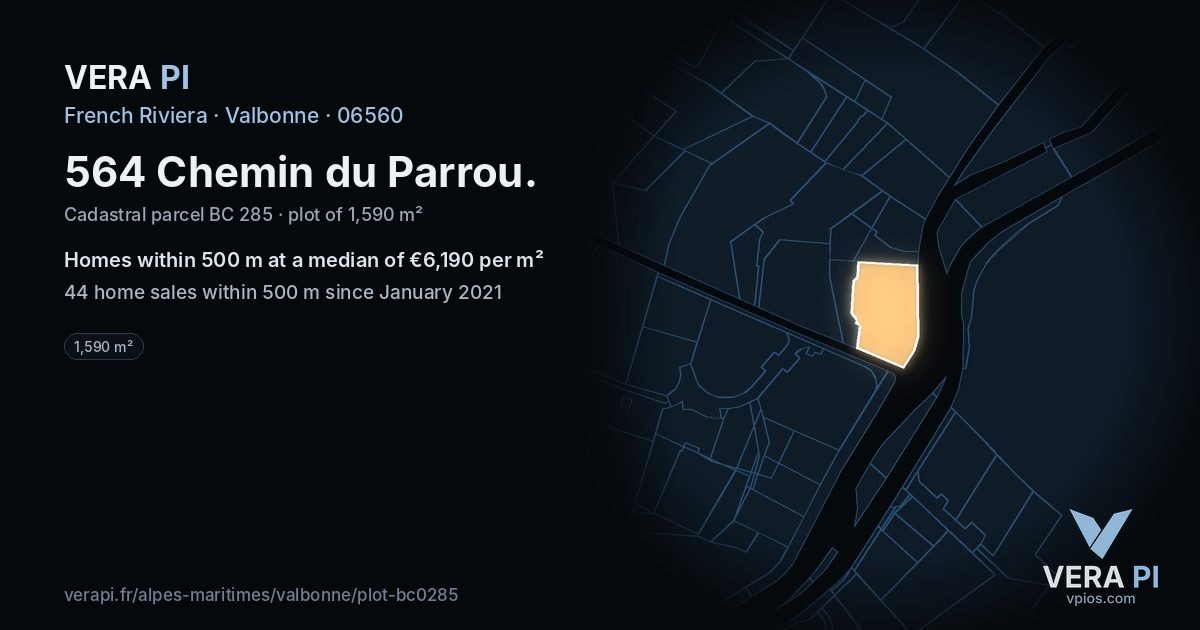 564 Chemin du Parrou, Valbonne at night – the plot lit, the parcels around coloured by the prices near them