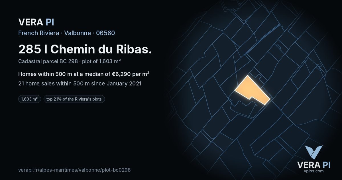 285 l Chemin du Ribas, Valbonne at night – the plot lit, the parcels around coloured by the prices near them