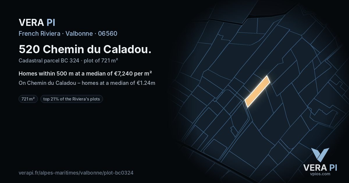520 Chemin du Caladou, Valbonne at night – the plot lit, the parcels around coloured by the prices near them