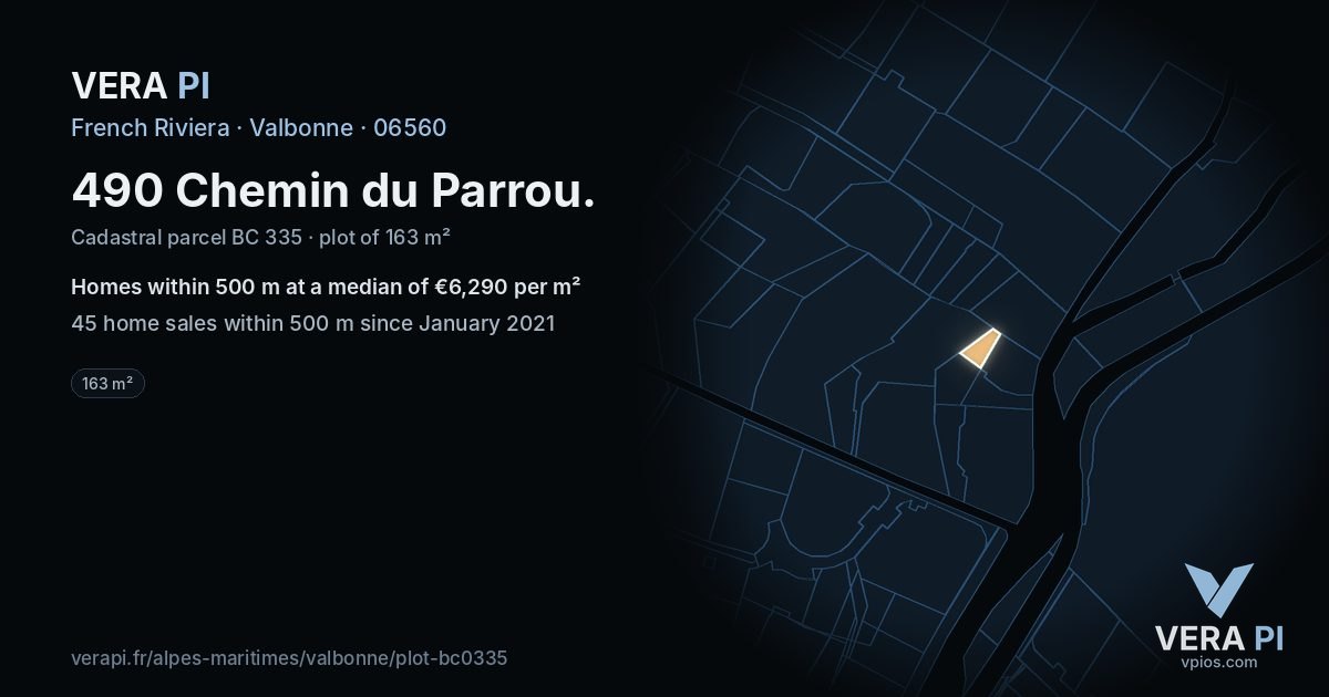 490 Chemin du Parrou, Valbonne at night – the plot lit, the parcels around coloured by the prices near them