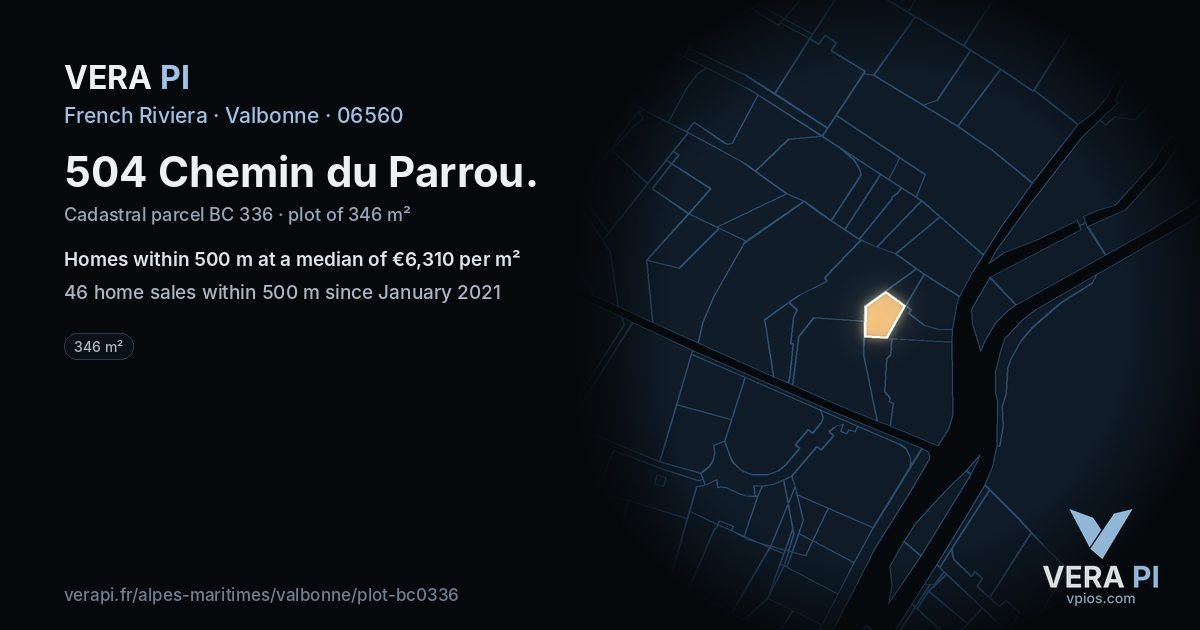 504 Chemin du Parrou, Valbonne at night – the plot lit, the parcels around coloured by the prices near them