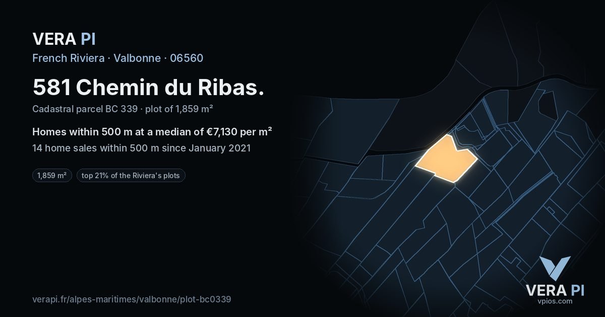 581 Chemin du Ribas, Valbonne at night – the plot lit, the parcels around coloured by the prices near them