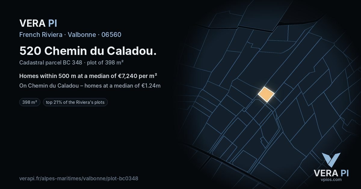 520 Chemin du Caladou, Valbonne at night – the plot lit, the parcels around coloured by the prices near them