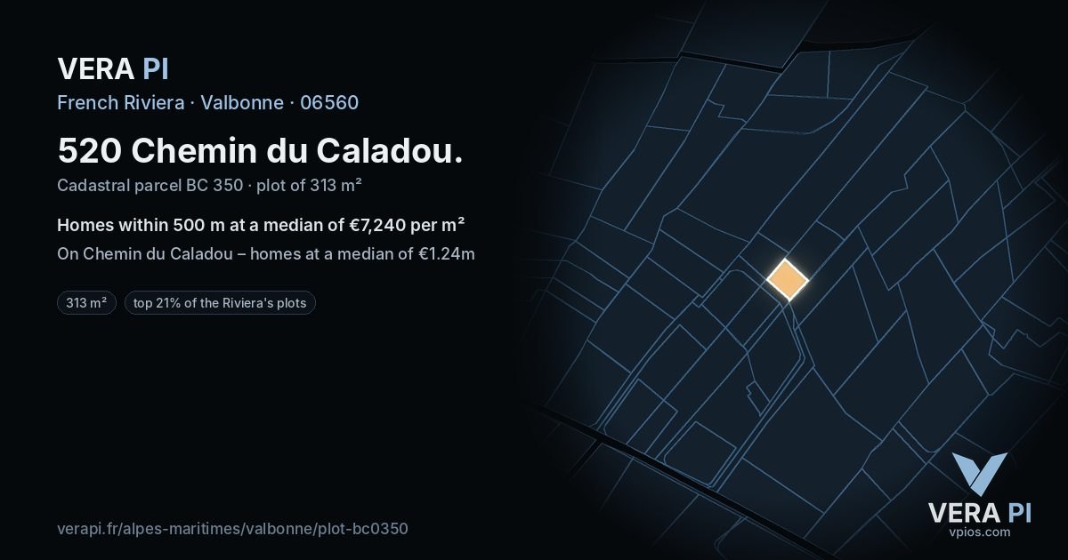 520 Chemin du Caladou, Valbonne at night – the plot lit, the parcels around coloured by the prices near them