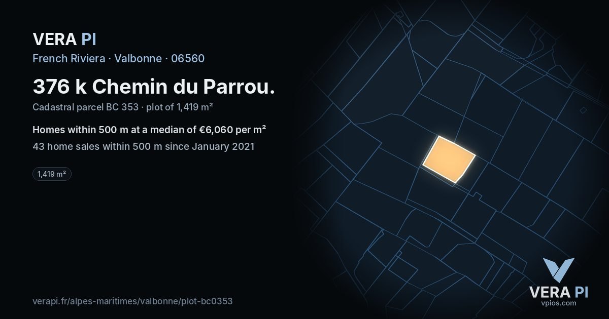 376 k Chemin du Parrou, Valbonne at night – the plot lit, the parcels around coloured by the prices near them