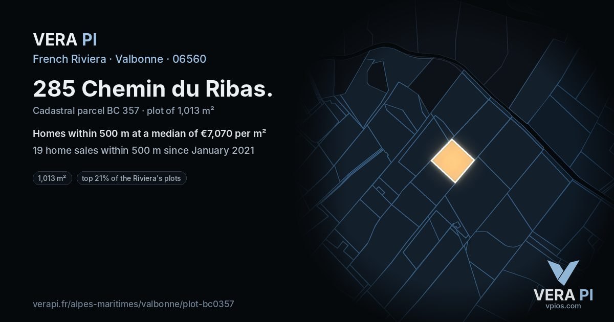 285 Chemin du Ribas, Valbonne at night – the plot lit, the parcels around coloured by the prices near them