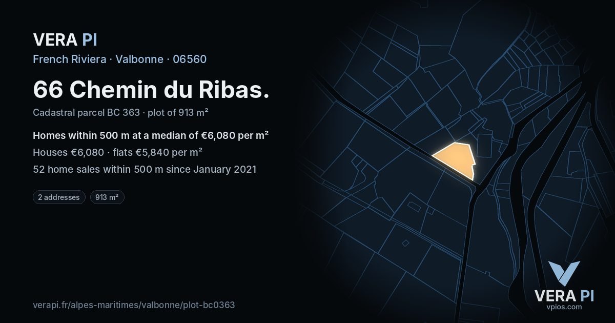 66 Chemin du Ribas, Valbonne at night – the plot lit, the parcels around coloured by the prices near them