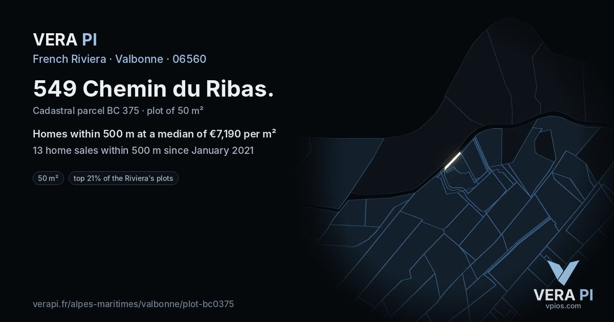 549 Chemin du Ribas, Valbonne at night – the plot lit, the parcels around coloured by the prices near them