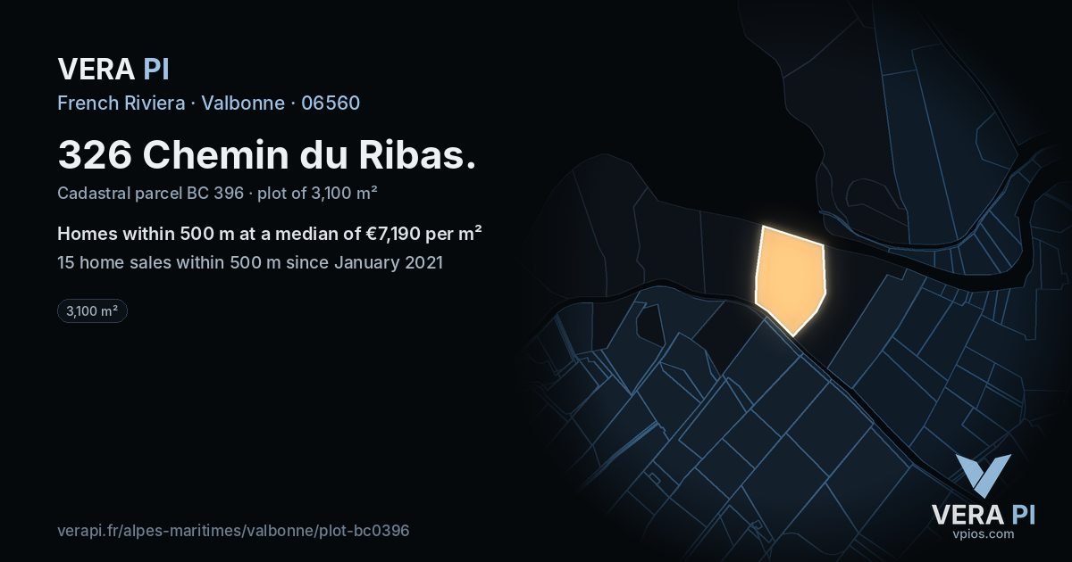 326 Chemin du Ribas, Valbonne at night – the plot lit, the parcels around coloured by the prices near them