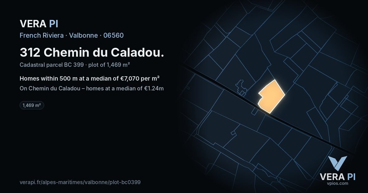 312 Chemin du Caladou, Valbonne at night – the plot lit, the parcels around coloured by the prices near them