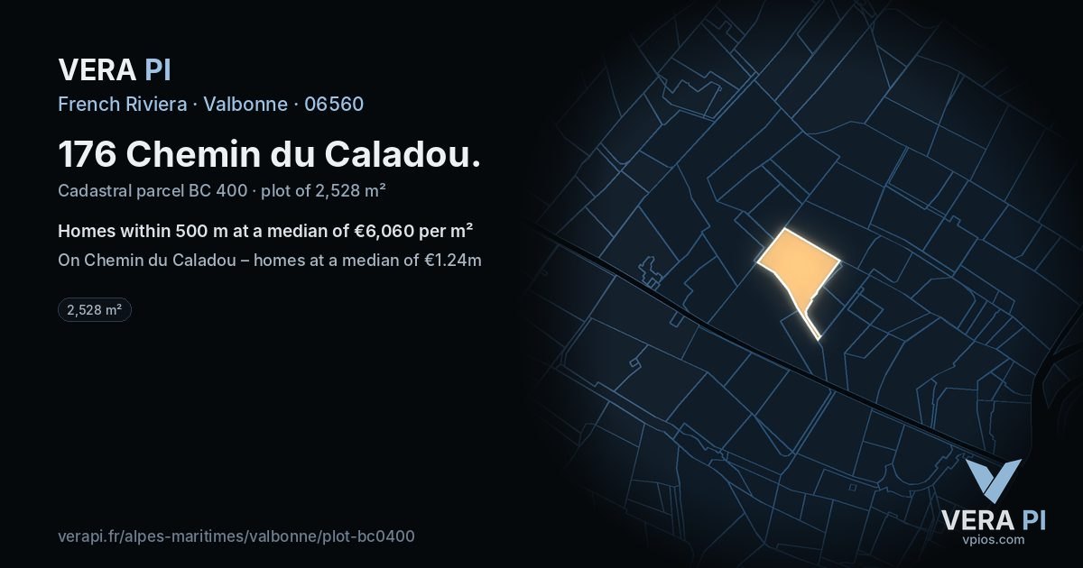 176 Chemin du Caladou, Valbonne at night – the plot lit, the parcels around coloured by the prices near them