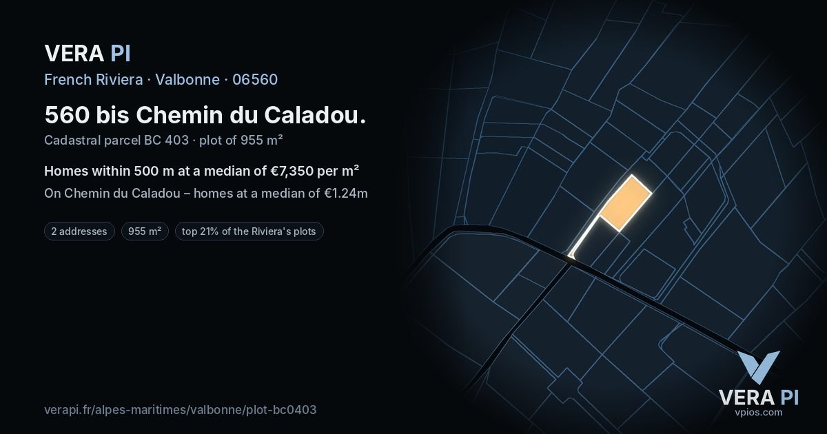 560 bis Chemin du Caladou, Valbonne at night – the plot lit, the parcels around coloured by the prices near them