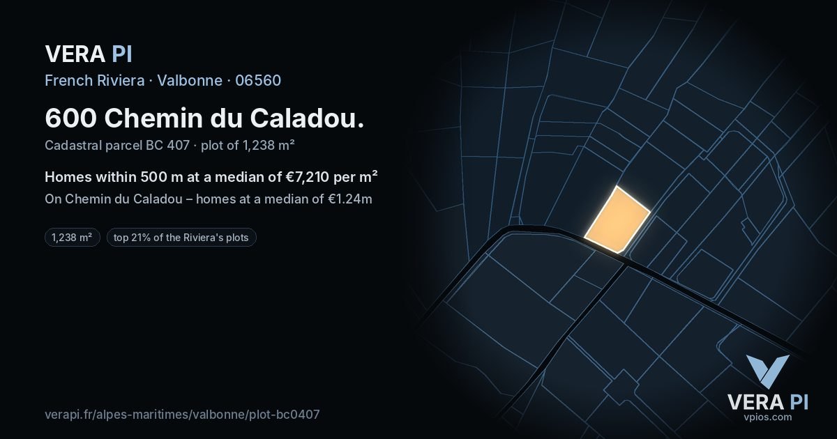 600 Chemin du Caladou, Valbonne at night – the plot lit, the parcels around coloured by the prices near them