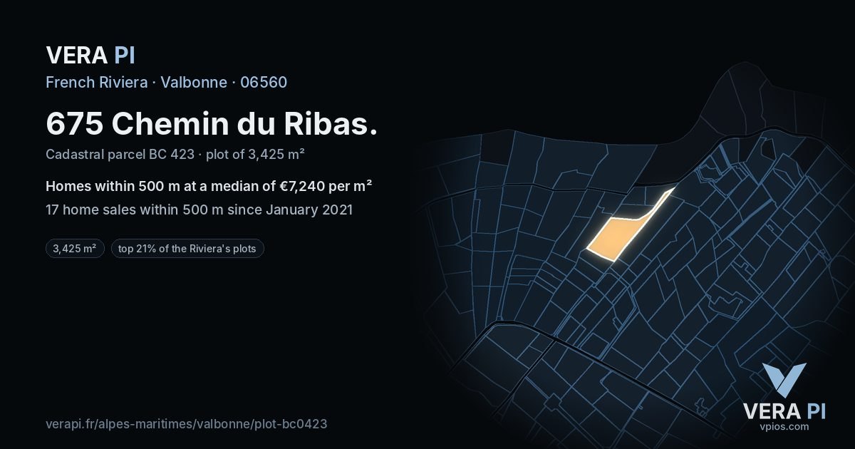 675 Chemin du Ribas, Valbonne at night – the plot lit, the parcels around coloured by the prices near them