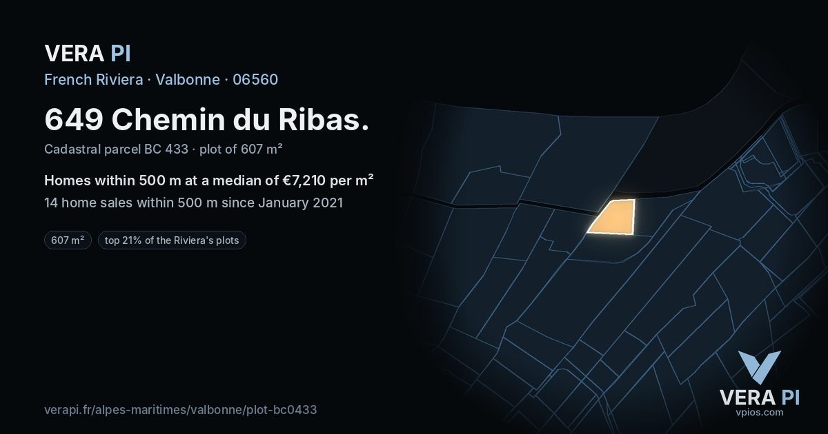 649 Chemin du Ribas, Valbonne at night – the plot lit, the parcels around coloured by the prices near them