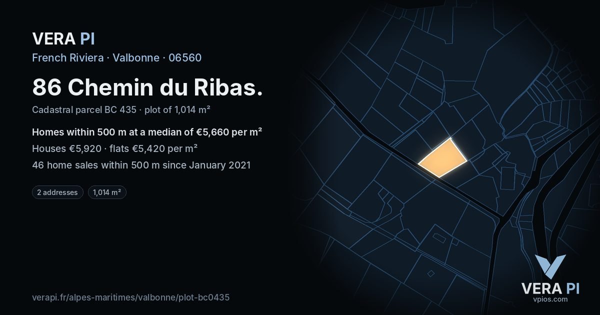 86 Chemin du Ribas, Valbonne at night – the plot lit, the parcels around coloured by the prices near them