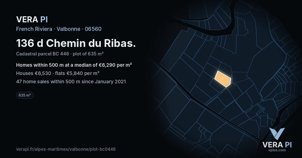 136 d Chemin du Ribas, Valbonne at night – the plot lit, the parcels around coloured by the prices near them
