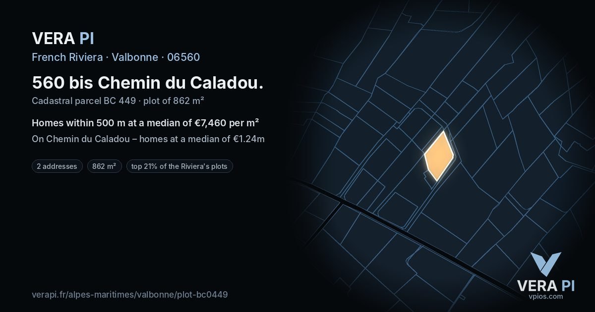 560 bis Chemin du Caladou, Valbonne at night – the plot lit, the parcels around coloured by the prices near them