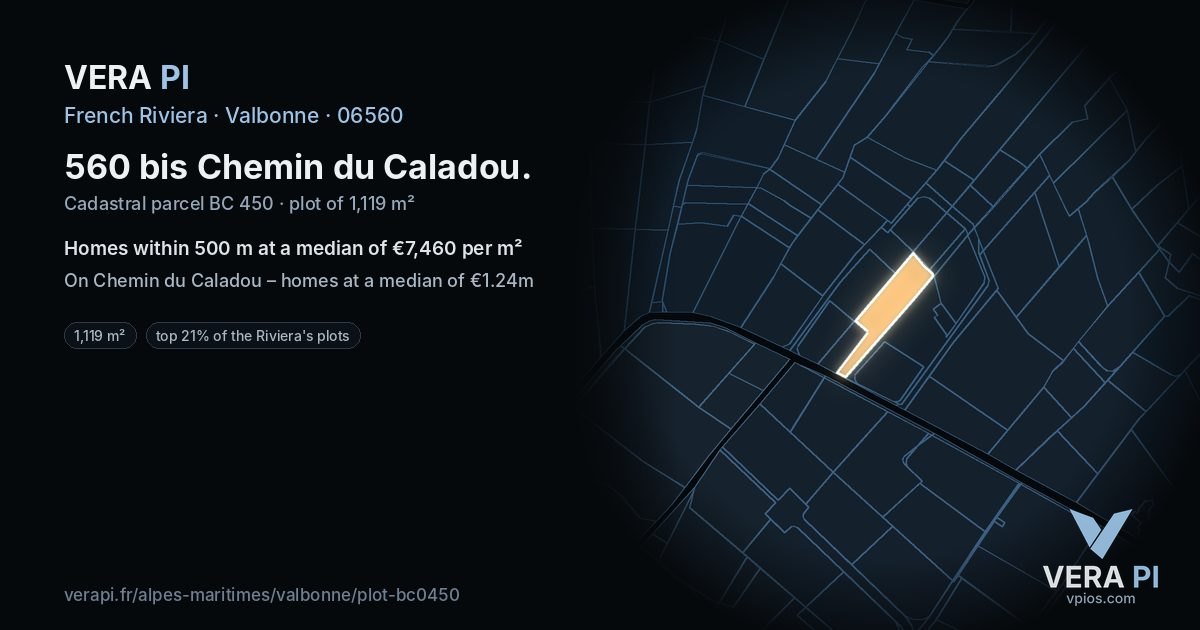 560 bis Chemin du Caladou, Valbonne at night – the plot lit, the parcels around coloured by the prices near them