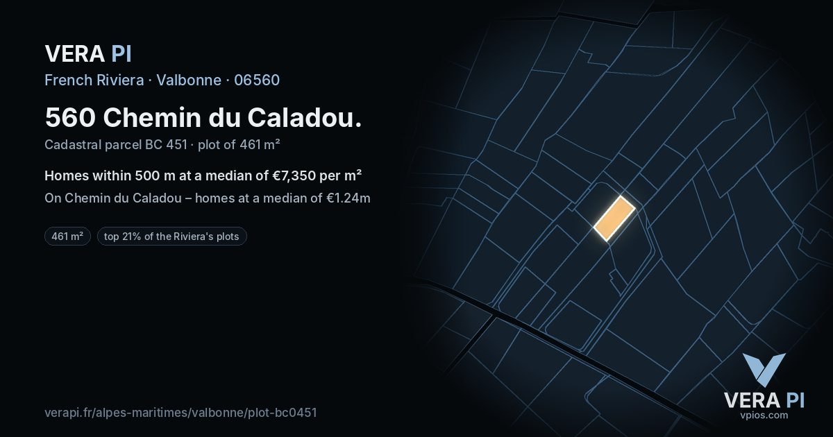 560 Chemin du Caladou, Valbonne at night – the plot lit, the parcels around coloured by the prices near them