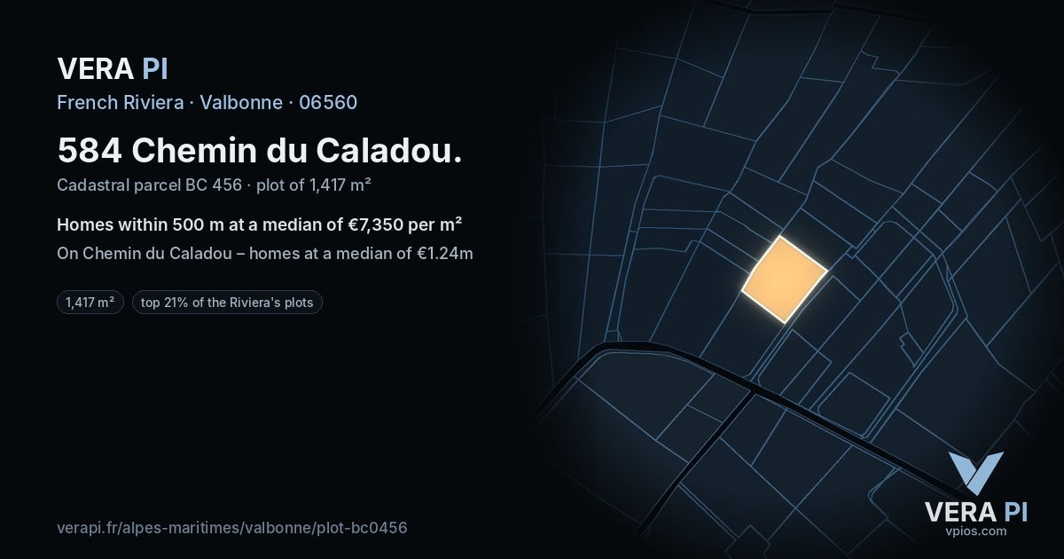 584 Chemin du Caladou, Valbonne at night – the plot lit, the parcels around coloured by the prices near them