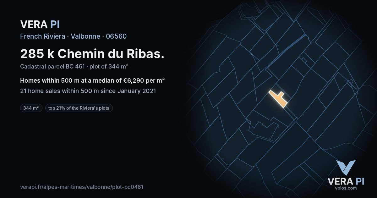285 k Chemin du Ribas, Valbonne at night – the plot lit, the parcels around coloured by the prices near them