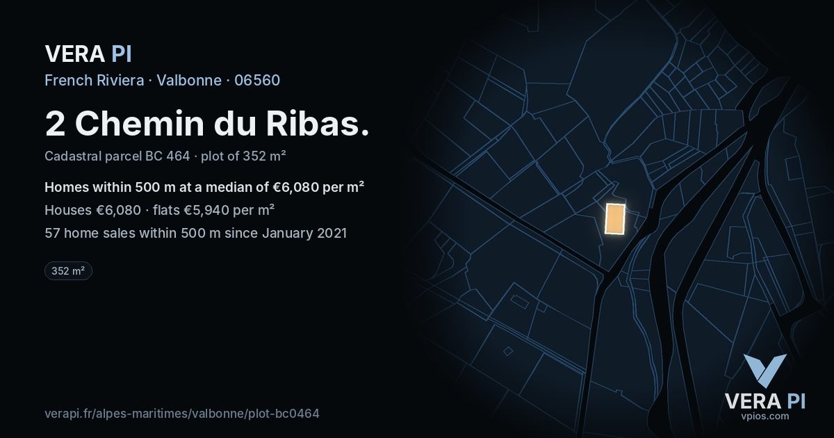 2 Chemin du Ribas, Valbonne at night – the plot lit, the parcels around coloured by the prices near them