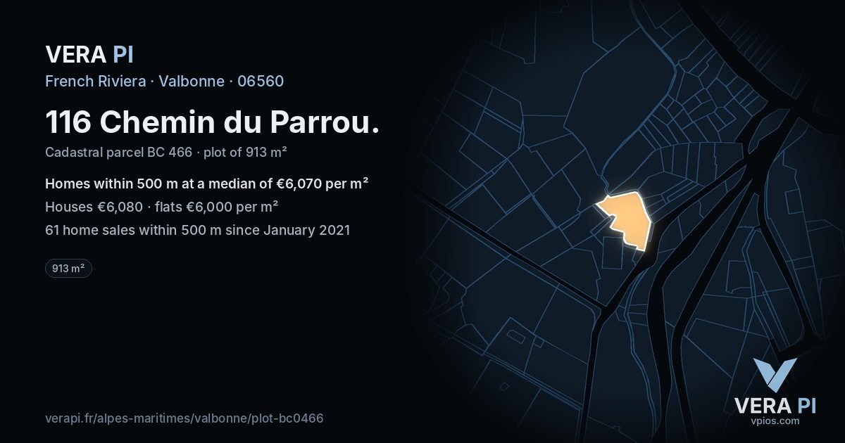 116 Chemin du Parrou, Valbonne at night – the plot lit, the parcels around coloured by the prices near them
