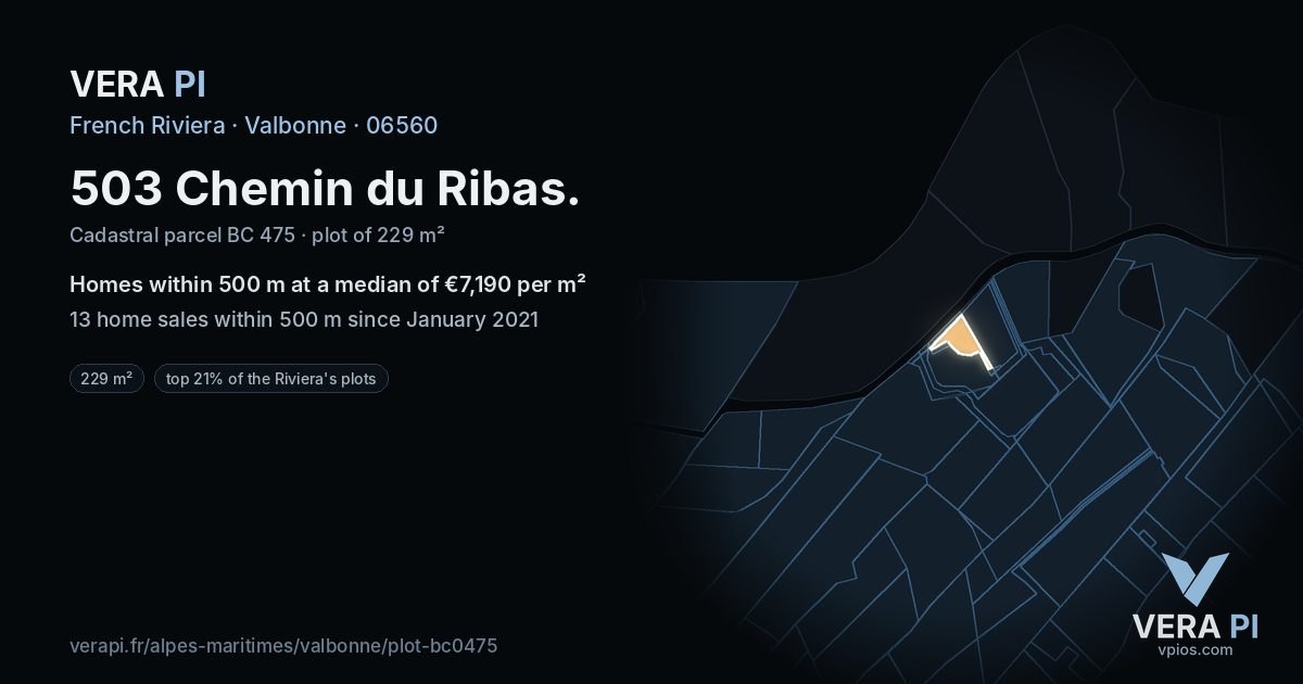 503 Chemin du Ribas, Valbonne at night – the plot lit, the parcels around coloured by the prices near them
