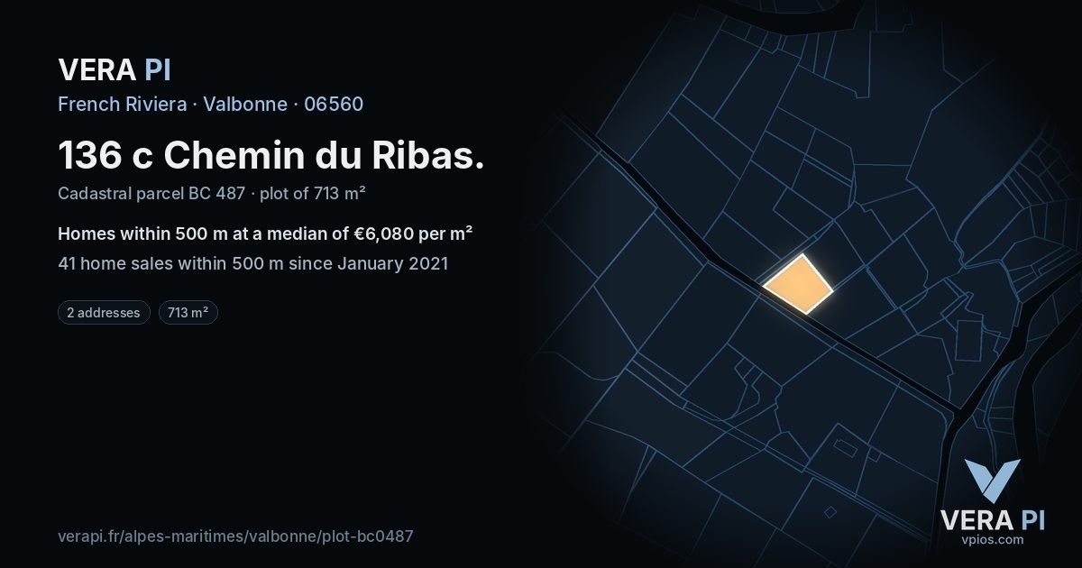 136 c Chemin du Ribas, Valbonne at night – the plot lit, the parcels around coloured by the prices near them